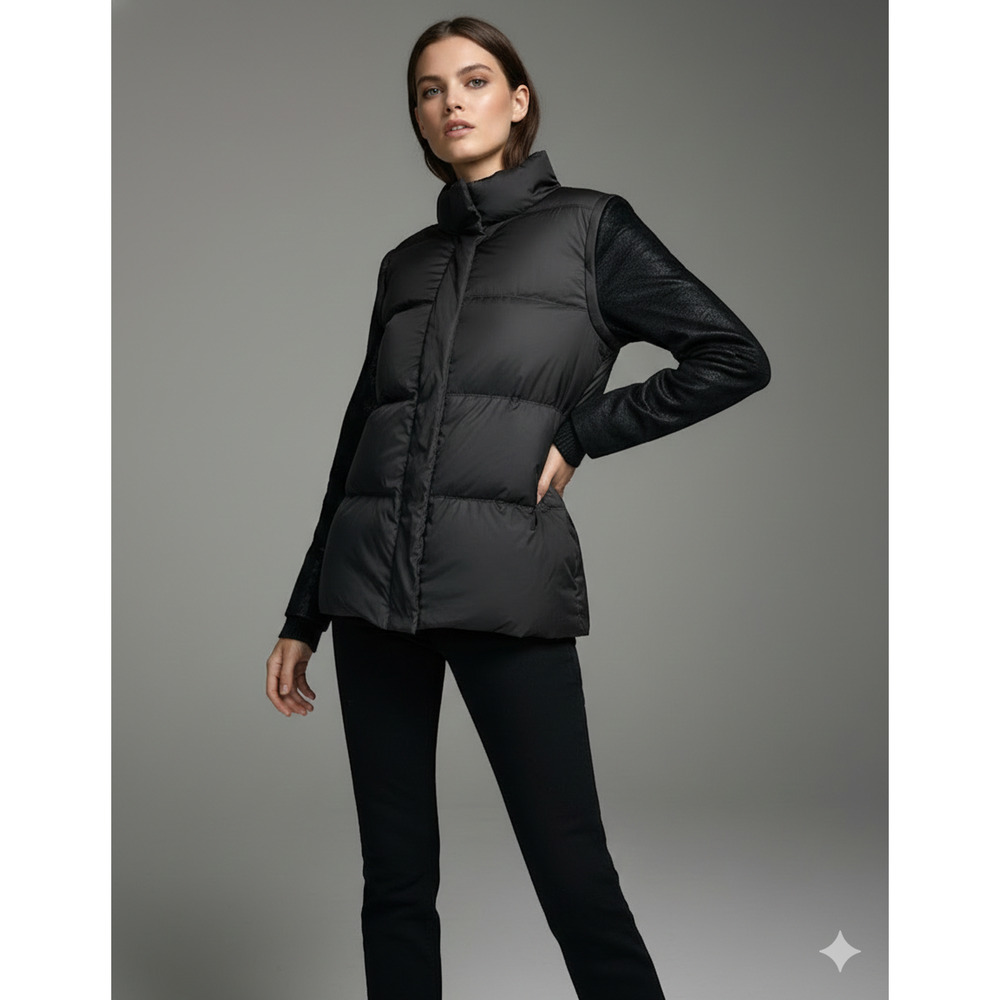 Maje Danae Black 2-in-1 Down Puffer Jacket Vest Leather Sleeves Coat FR 38